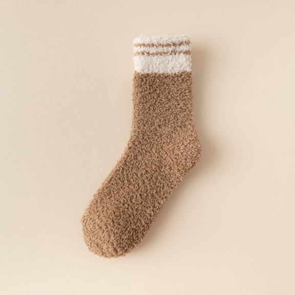Women's Coral Fleece Socks, Striped Mid-Calf Plush Socks for Sleeping, Warm Non-Slip Slipper Socks for Home, Cozy Winter Bed Socks with Elastic Cuff for Relaxation