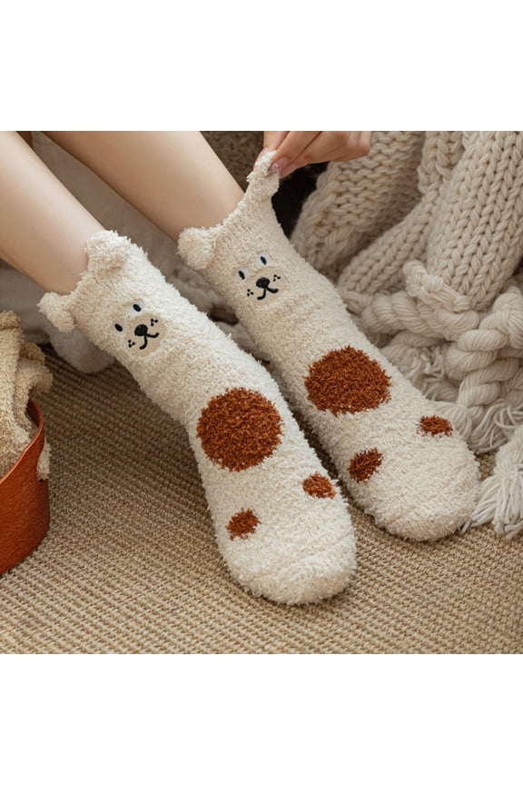 Women's Coral Fleece Socks, Thick Embroidered Cartoon Bear Mid Calf Socks, Warm Plush Non-Slip Slipper Socks for Sleeping, Home, Indoor Use in Autumn and Winter