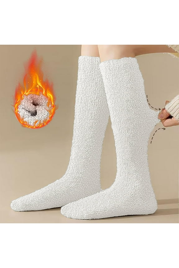 Women's Coral Fleece Thermal Knee High Socks, Thick Warm Long Winter Socks with Soft Fuzzy Lining, Cozy Boot Socks for Cold Weather, Perfect Christmas Gift for Women and Girls - White