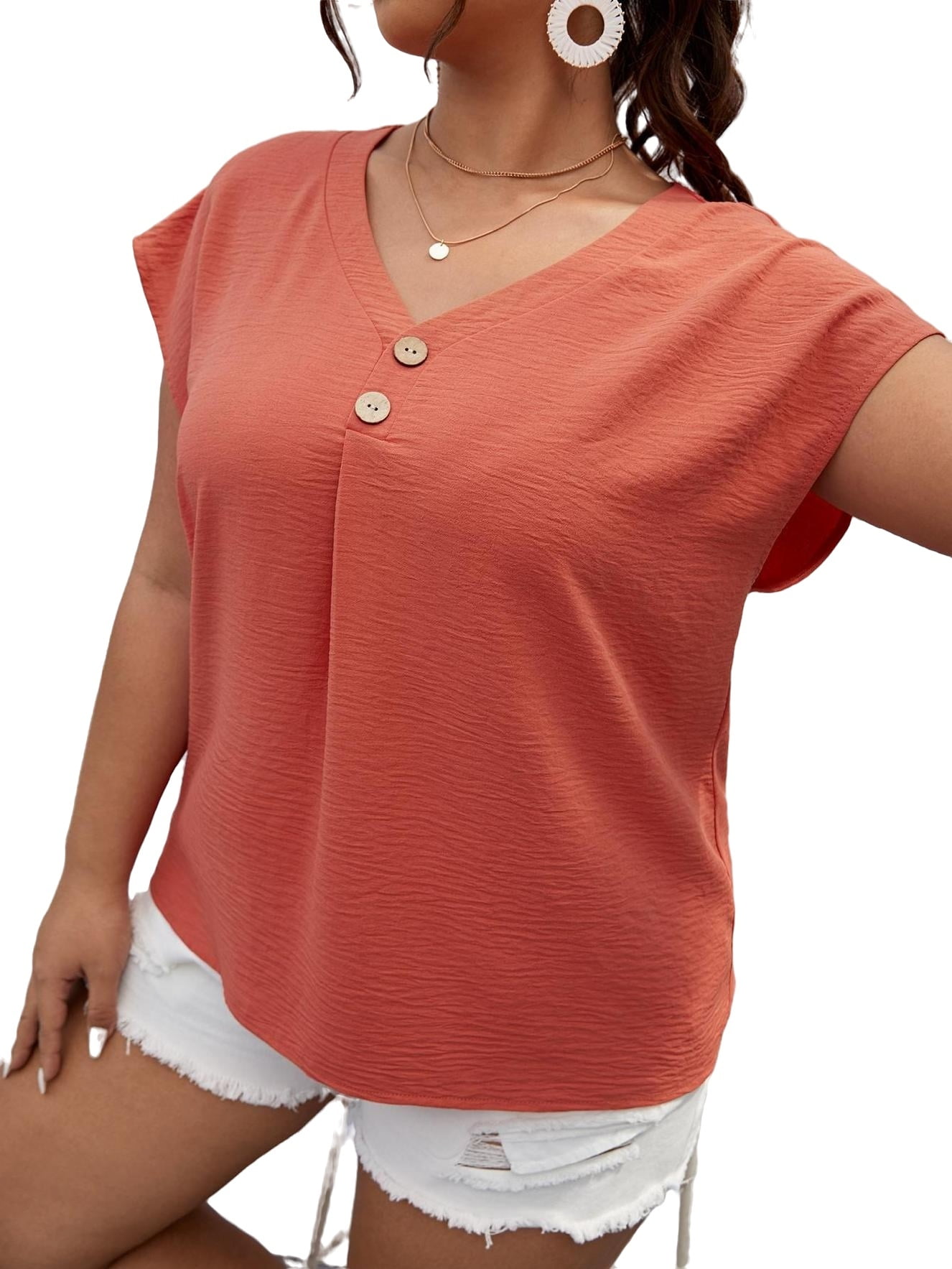 Casual V Neck Top Short Sleeve Red Plus Size Blouses (Women's