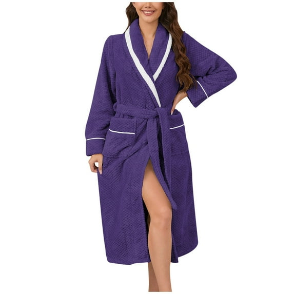 Women's Coral Velvet Mid Length Nightgown Color Contrast Home Bathrobe Coat