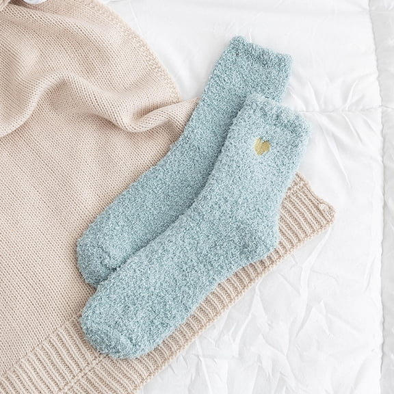 Women's Coral Velvet Socks Love Home Floor Socks Sleep Socks Half Velvet Women's Middle Socks Warm and Thick Light Blue