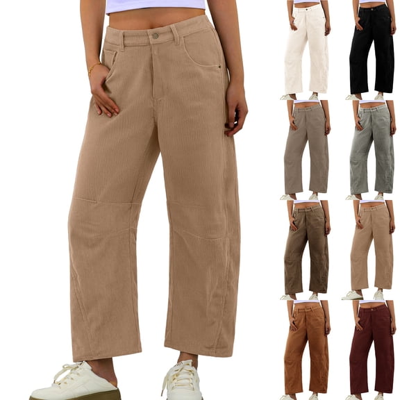 Women's Corduroy Barrel Pants Mid-Rise Elastic Waist Cord Pants Casual Wide Legs Baggy Pant with Pockets Brown S