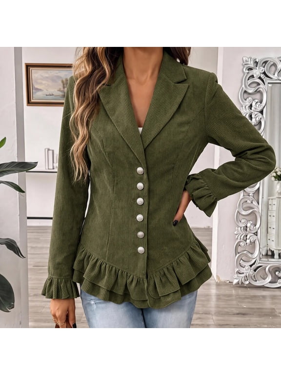 Women's Corduroy Blazer Notched Lapel Button Front Ruffle Cuff Peplum Hem Fitted Long Sleeve Vintage Dressy Business Casual Fall Winter Jacket Coat Army Green