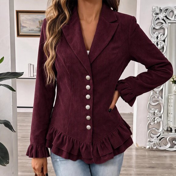 Women's Corduroy Blazer Notched Lapel Button Front Ruffle Cuff Peplum Hem Fitted Long Sleeve Vintage Dressy Business Casual Fall Winter Jacket Coat Wine