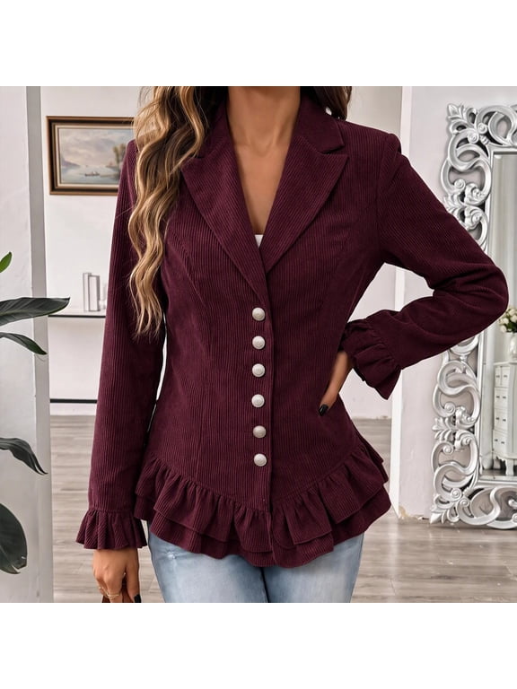 Women's Corduroy Blazer Notched Lapel Button Front Ruffle Cuff Peplum Hem Fitted Long Sleeve Vintage Dressy Business Casual Fall Winter Jacket Coat Wine