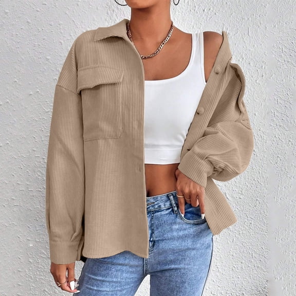 Women's Corduroy Button Down Jacket Lantern Long Sleeve Coat Fall Winter Casual Outerwear with Pockets Khaki L