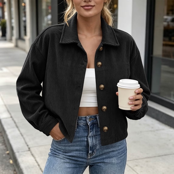Women's Corduroy Button Down Jacket Long Sleeve Solid Lightweight Casual Plus Size Coat