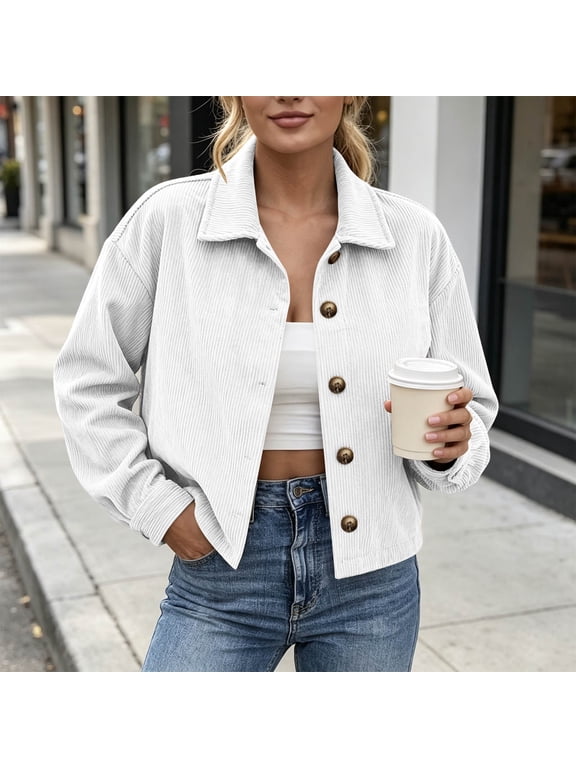 Women's Corduroy Button Down Jacket Long Sleeve Solid Lightweight Casual Plus Size Coat