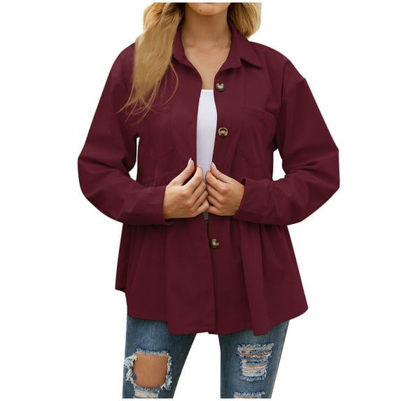 Women's Corduroy Button Down Shirts Collared Solid Long Sleeve Peplum Tops Pleated Casual Loose Fall Blouse Tee