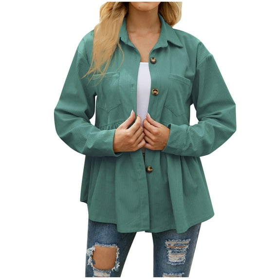 Women's Corduroy Button Down Shirts Collared Solid Long Sleeve Peplum Tops Pleated Casual Loose Fall Blouse Tee