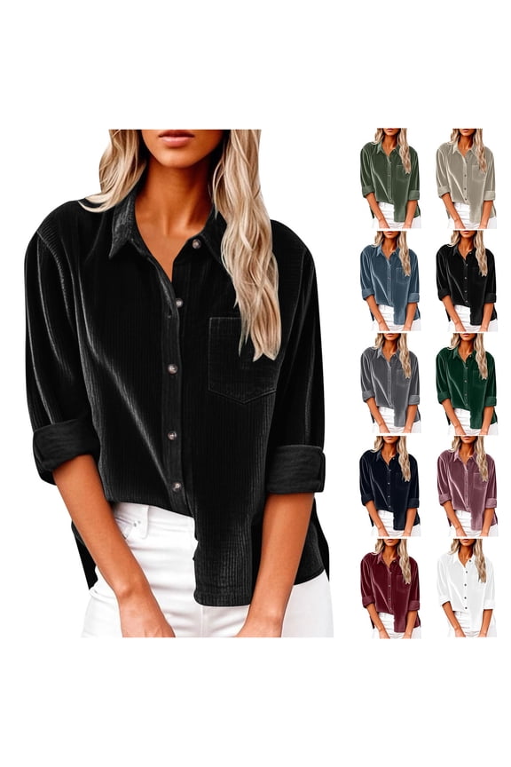 Women's Corduroy Button Down Shirt Tops Blouses Tunics V Neck Long Sleeve Collared Loose Fit Solid Color Casual Work Office Vacation Outfits Fashion Essential Gift for Women