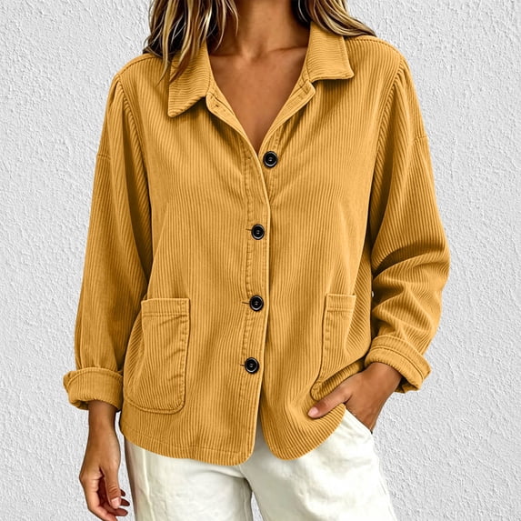 Women's Corduroy Button Down Shirts Long Sleeve Collared Shacket Jacket with Pockets Casual Oversized Fall Tops Winter Fashion Outerwear Trendy Clothes