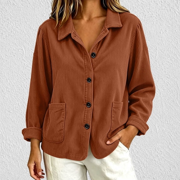 Women's Corduroy Button Down Shirts Long Sleeve Collared Shacket Jacket with Pockets Casual Oversized Fall Tops Winter Fashion Outerwear Trendy Clothes