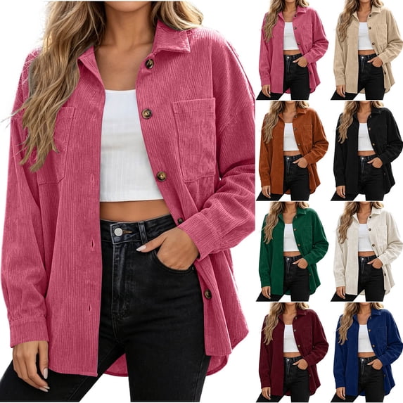 Women's Corduroy Button Up Shirt Loose Fit Long Sleeve Collared Blouse Solid Color Vintage Tops for Daily Casual & Work Wear