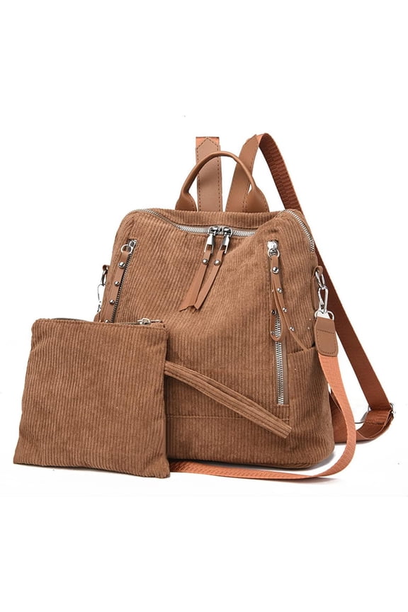 Women's Corduroy Casual Backpack, Foldable Travel Shoulder Bag with Wristlet Wallet Handbag