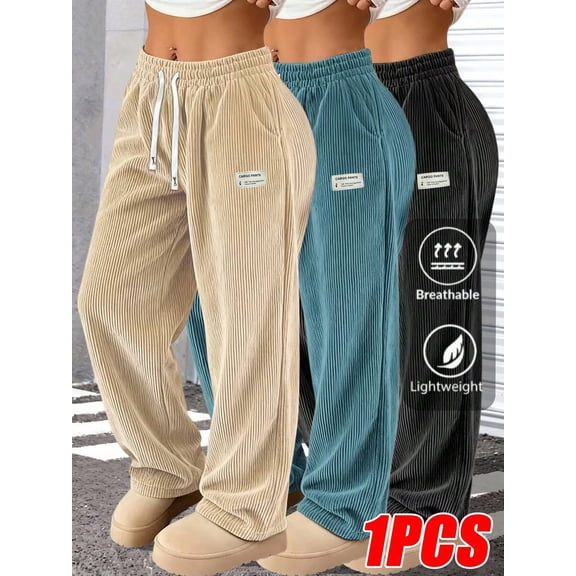 Women's Corduroy Casual Long Pants, Solid Color Sports Trousers With Drawstring Pockets For Outdoor Activities