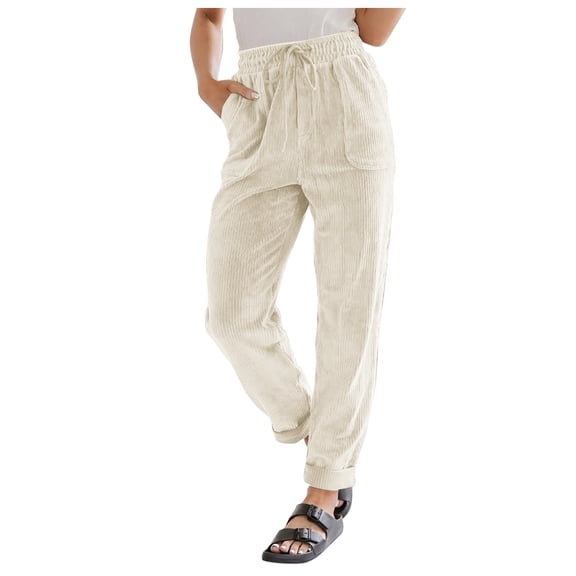 Women's Corduroy Casual Pants High Waist Elastic Drawstring Straight Leg Loose Comfortable Trousers for Everyday Wear