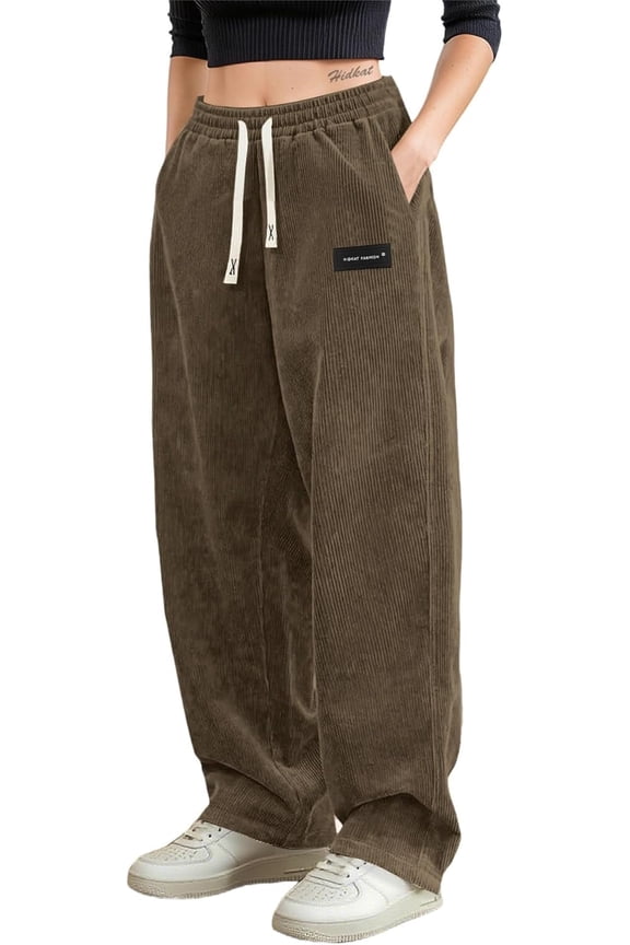 Women's Corduroy Casual Pants Loose Comfortable Wide-Leg Pants with Elastic Waistband Drawstring and Multiple Pockets