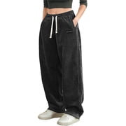 Womens Corduroy Casual Pants Loose Comfortable Wide-Leg Pants with Elastic Waistband Drawstring and Multiple Pockets