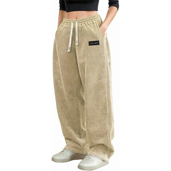 Women's Corduroy Casual Pants Loose Comfortable Wide-Leg Pants with Elastic Waistband Drawstring and Multiple Pockets