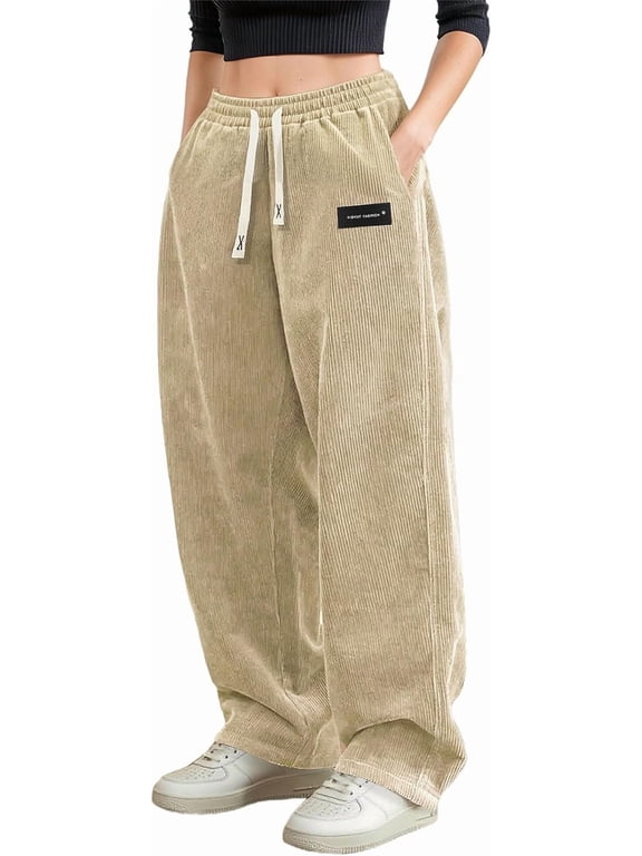 Women's Corduroy Casual Pants Loose Comfortable Wide-Leg Pants with Elastic Waistband Drawstring and Multiple Pockets