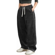 Womens Corduroy Casual Pants Loose Comfortable Wide-Leg Pants with Elastic Waistband Drawstring and Multiple Pockets