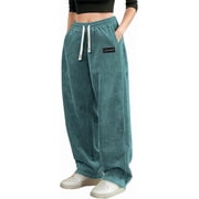 Womens Corduroy Casual Pants Loose Comfortable Wide-Leg Pants with Elastic Waistband Drawstring and Multiple Pockets