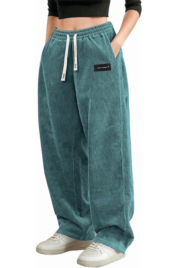 Women's Corduroy Casual Pants Loose Comfortable Wide-Leg Pants with Elastic Waistband Drawstring and Multiple Pockets