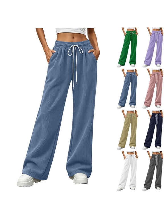 Women's Corduroy Casual Sports Pants Solid Color Elastic Waist Drawstring Wide Leg Pants With Side Pockets Outdoor Sweatpants