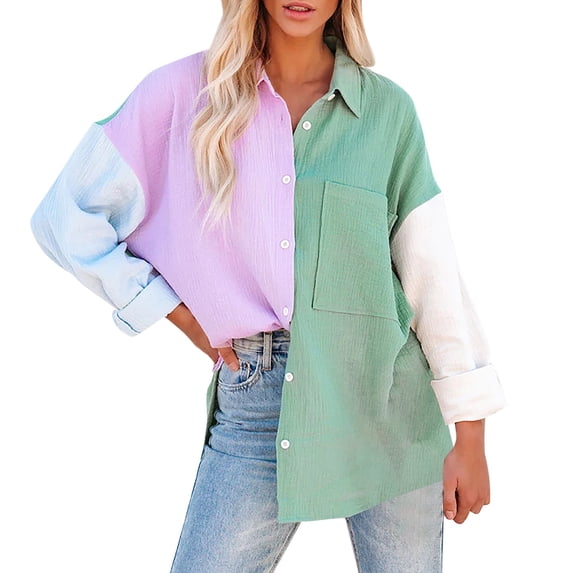 Women's Corduroy Color Block Boyfriend Shirts Oversized Loose Fit Button Down Blouse Tops with Pocket