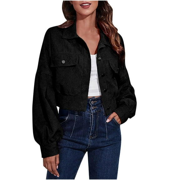 Women's Corduroy Cropped Shacket Button-Down Lapel Collar Vintage Revival Fall Fashion with Flap Pockets Casual Outerwear