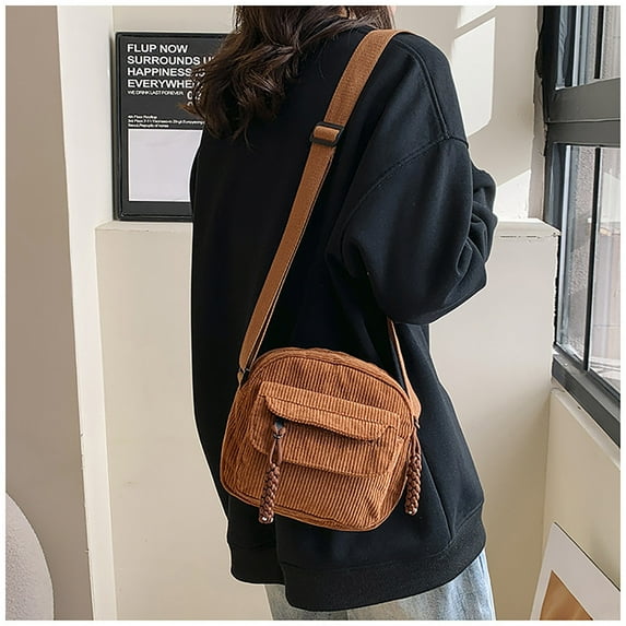 Women's Corduroy Crossbody Bag with Zipper Casual Cloth Shoulder Bag 19x19x7cm Small Solid Color for Home Storage(Brown),Hulucky