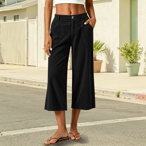 Women's Corduroy Culottes Wide Leg Cropped Pants Button Fly High Waisted Casual Capri Trousers with Pockets Flattering Vintage Style for Summer Everyday Wear