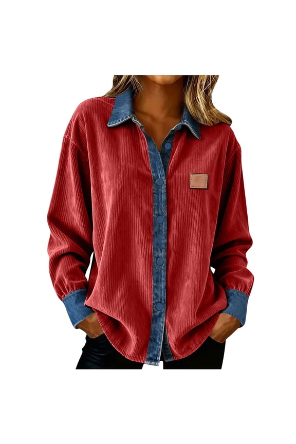 Women's Corduroy Denim Patchwork Button Down Jacket - Long Sleeve Turndown Collar Casual Distressed Shacket