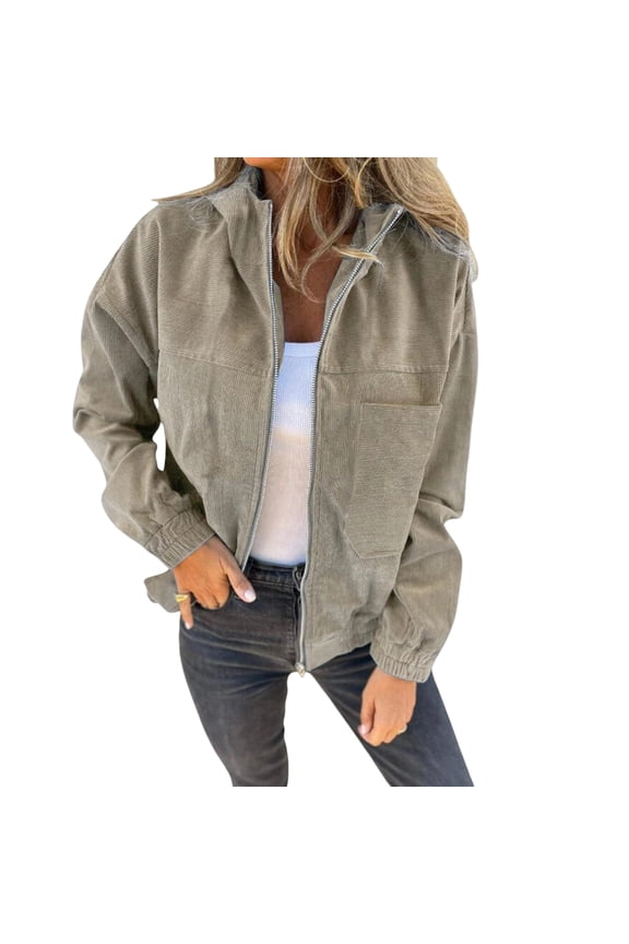Women's Corduroy Drawstring Hooded Pocket Zip Up Jacket Loose Shacket Coat