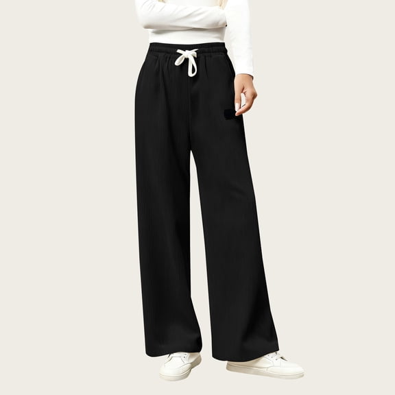 Women's Corduroy Elastic Waist Sweatpants, Drawstring Relaxed Fit Trousers, Solid Color Casual Pants with Pockets, Versatile Lounge Pants, Comfortable Everyday Wear Black S