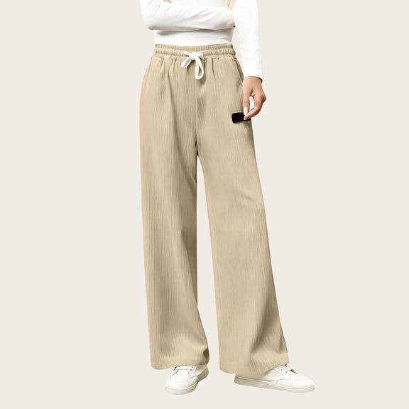 Women's Corduroy Elastic Waist Sweatpants, Drawstring Relaxed Fit Trousers, Solid Color Casual Pants with Pockets, Versatile Lounge Pants, Comfortable Everyday Wear Beige L