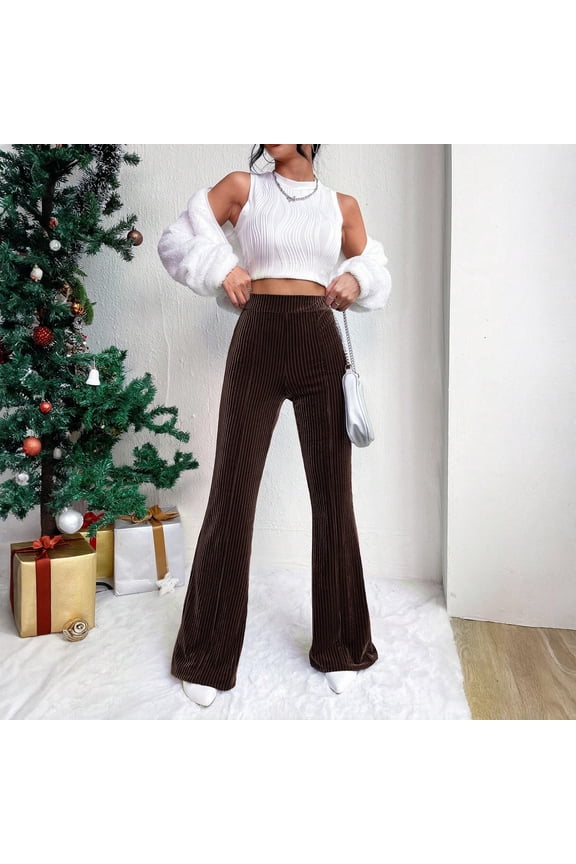 Women's Corduroy Flare Pants, Casual Retro High Waisted Bell Bottom Trousers with Pockets, Wide Leg Pants for Women, 70s Vintage Style Denim Pants,Brown,L