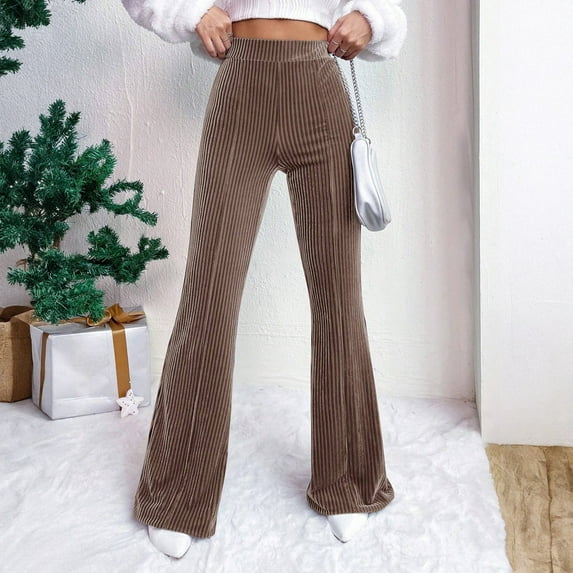 Women's Corduroy Flare Pants, Casual Retro High Waisted Bell Bottom Trousers with Pockets, Wide Leg Pants for Women, 70s Vintage Style Denim Pants,Khaki,S