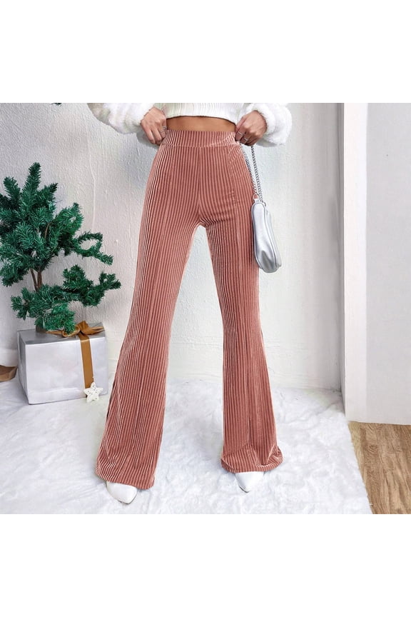 Women's Corduroy Flare Pants, Casual Retro High Waisted Bell Bottom Trousers with Pockets, Wide Leg Pants for Women, 70s Vintage Style Denim Pants,Pink,L