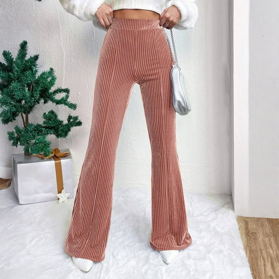 Women's Corduroy Flare Pants, Casual Retro High Waisted Bell Bottom Trousers with Pockets, Wide Leg Pants for Women, 70s Vintage Style Denim Pants,Pink,M