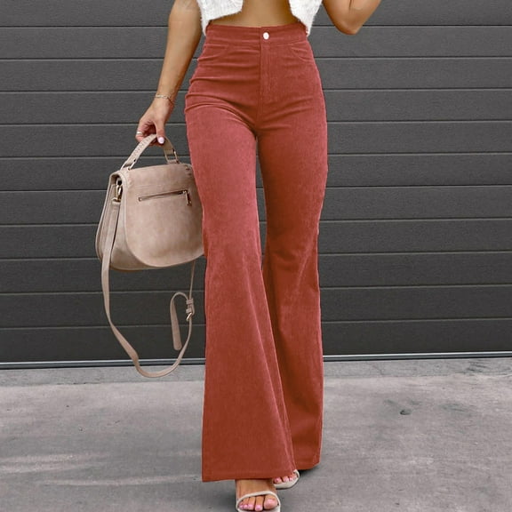 Women's Corduroy Flare Pants Elastic Waist Slim Fit Retro Wide Leg Long Trousers