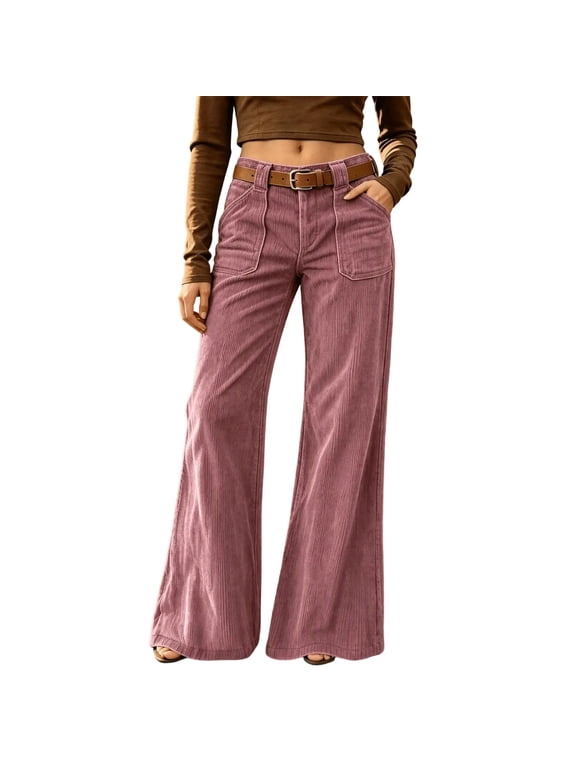 Women's Corduroy Flare Pants High Waisted Stretchy Bell Bottom with Patch Pocket Loose Fit Soft Comfy 70s Vintage Boho Casual Fall Winter Trousers Pink