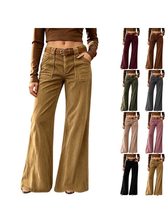 Women's Corduroy Flare Pants High Waisted Stretchy Bell Bottom with Patch Pocket Loose Fit Soft Comfy 70s Vintage Boho Casual Fall Winter Trousers Wine