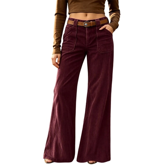 Women's Corduroy Flare Pants High Waisted Stretchy Bell Bottom with Patch Pocket Loose Fit Soft Comfy 70s Vintage Boho Casual Fall Winter Trousers Wine