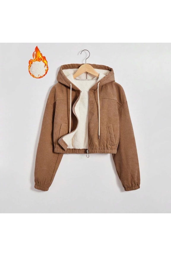 Women's Corduroy Fleece Lined Hooded Jackets Warm Winter Zip up Cropped Coats Thicken Outerwear with Pockets Brown M