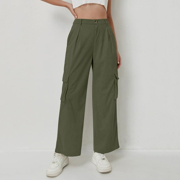 Women's Corduroy High Waist Pants, Multi-Pocket Straight Leg Wide Leg Trousers, Fall Casual Comfort Fit Pant for Daily Wear and Various Occasions Army Green