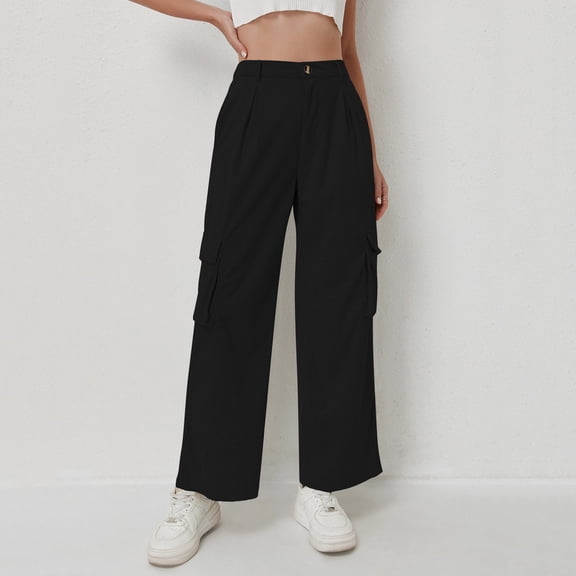 Women's Corduroy High Waist Pants, Multi-Pocket Straight Leg Wide Leg Trousers, Fall Casual Comfort Fit Pant for Daily Wear and Various Occasions Black