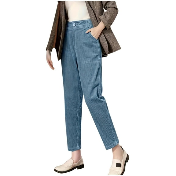 Women's Corduroy High Waist Pants Solid Pull On Straight Leg Ankle Trousers with Pockets Work Office Outfits Winter